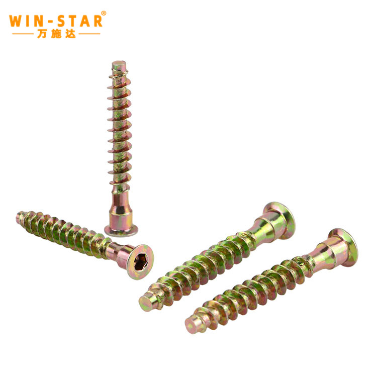 Flat head cross drive confirmat screw showing color zinc surface treatment Flat head cross drive confirmat screw showing color zinc surface treatment