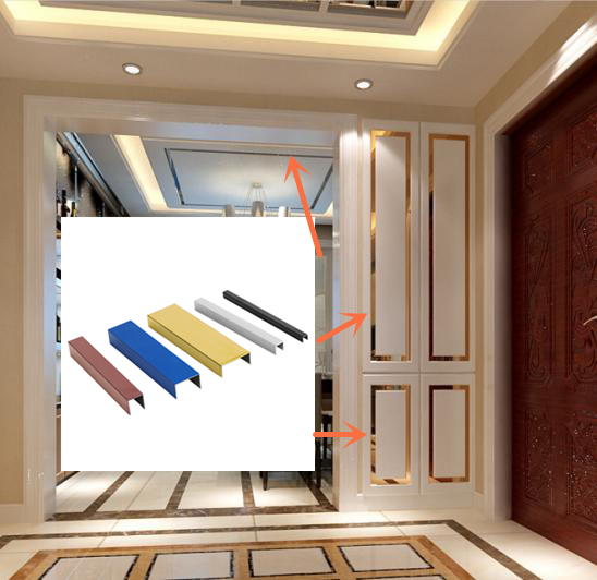 ZD-S002 U tile strip (1) Front view of the mirror gold stainless steel U-tile decoration strip showing its metallic finish