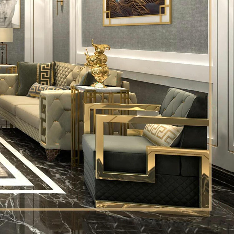 Side profile of the luxury gold metal S-shape sofa chair frame showing its fluid curvature