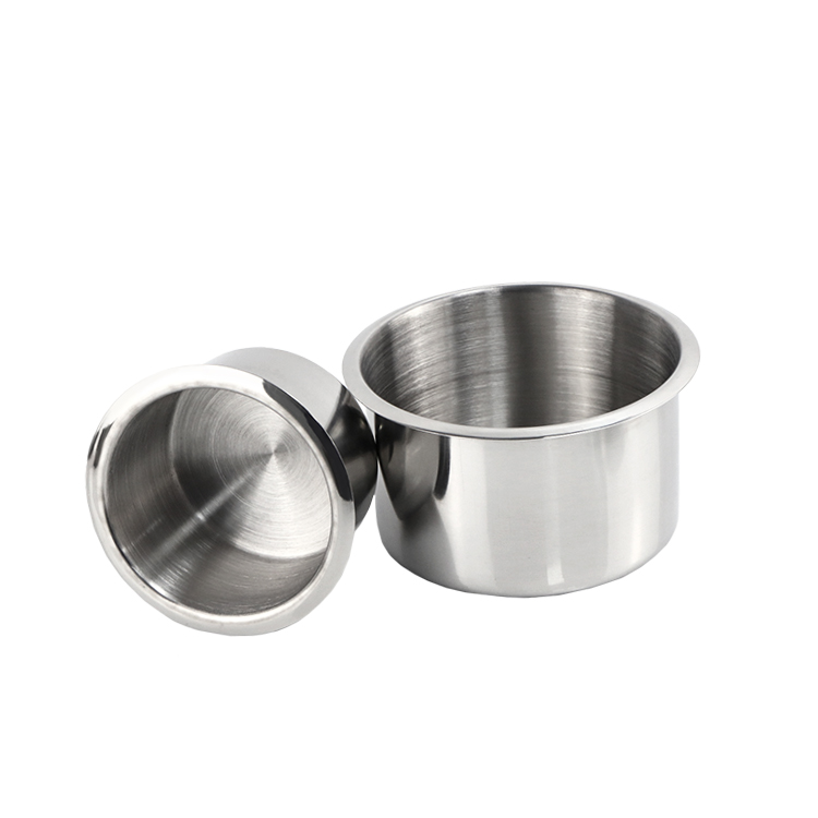 Top view of the 86x73x56mm stainless steel cup holder insert demonstrating smooth rolled edges